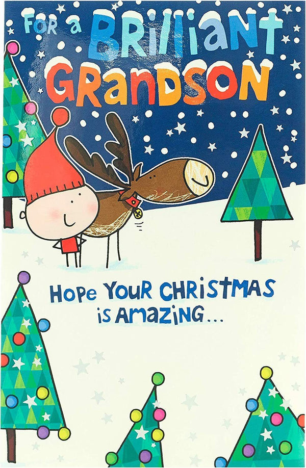 Festive reindeer cartoon greeting card for boys from UK Greetings, featuring a cheerful holiday design for Christmas.