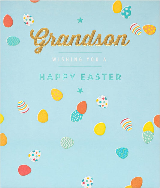 Blue egg design Grandson Easter greeting card with envelope from UK Greetings, featuring colorful Easter-themed artwork.