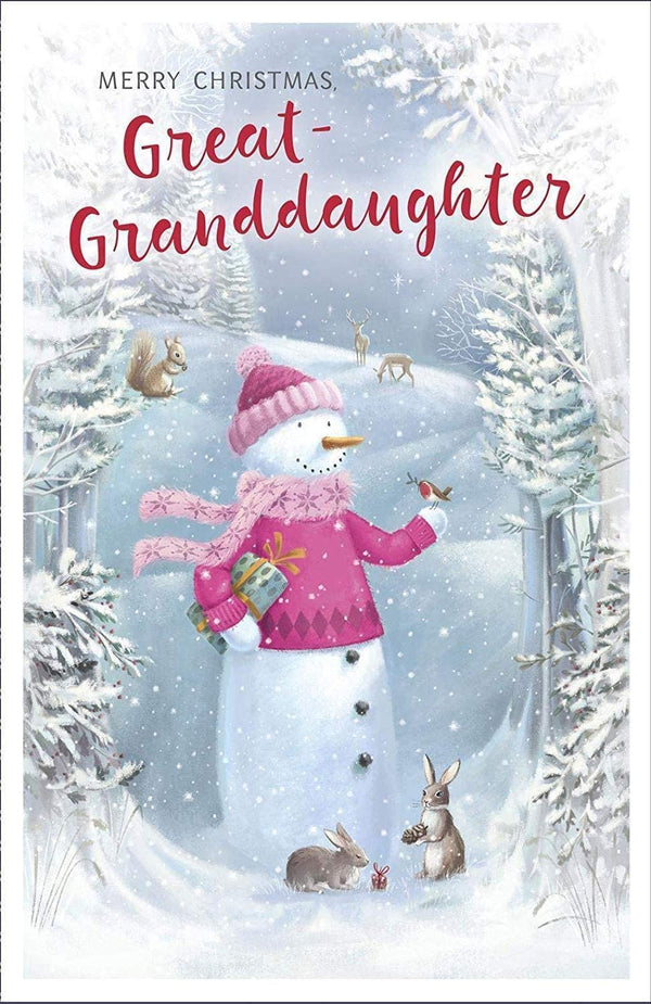 Cute snowman Christmas greeting card for great-granddaughter from UK Greetings, featuring festive holiday design with colorful winter scene.