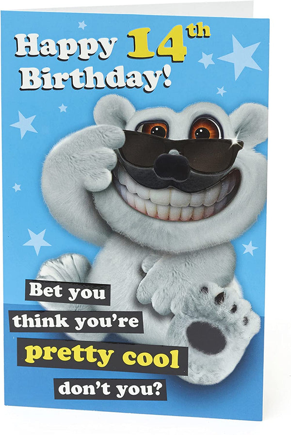 Happy 14th birthday greeting card from UK Greetings featuring humorous teen design and colorful birthday message.