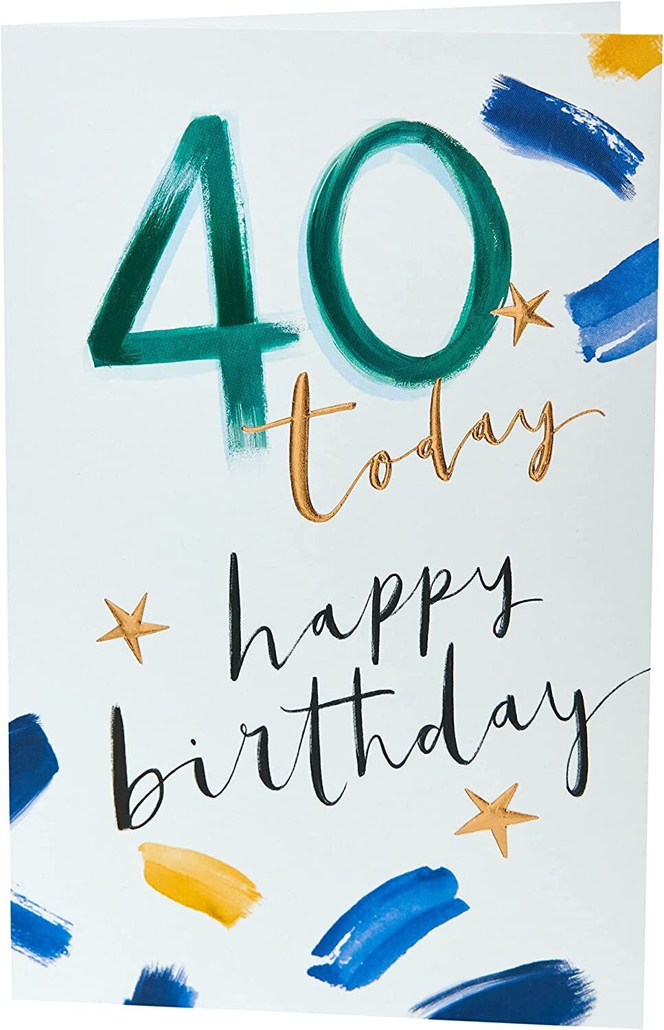 Festive greeting card with colorful brushstroke design celebrating 40th birthday, UK Greetings Happy 40th Festive Card displayed.
