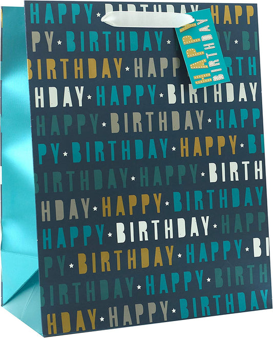 Large blue Happy Birthday gift bag with greeting card design, perfect for celebrating special occasions.