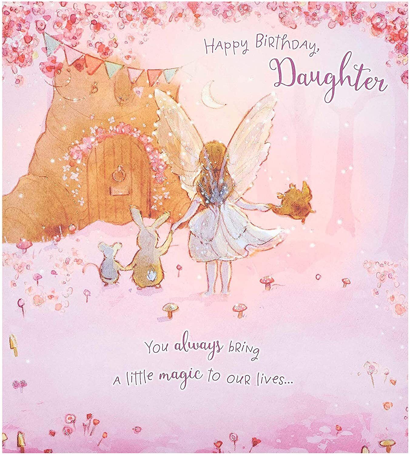 Colorful Happy Birthday Daughter spellbound fairy greeting card with whimsical fairy illustration and cheerful design.
