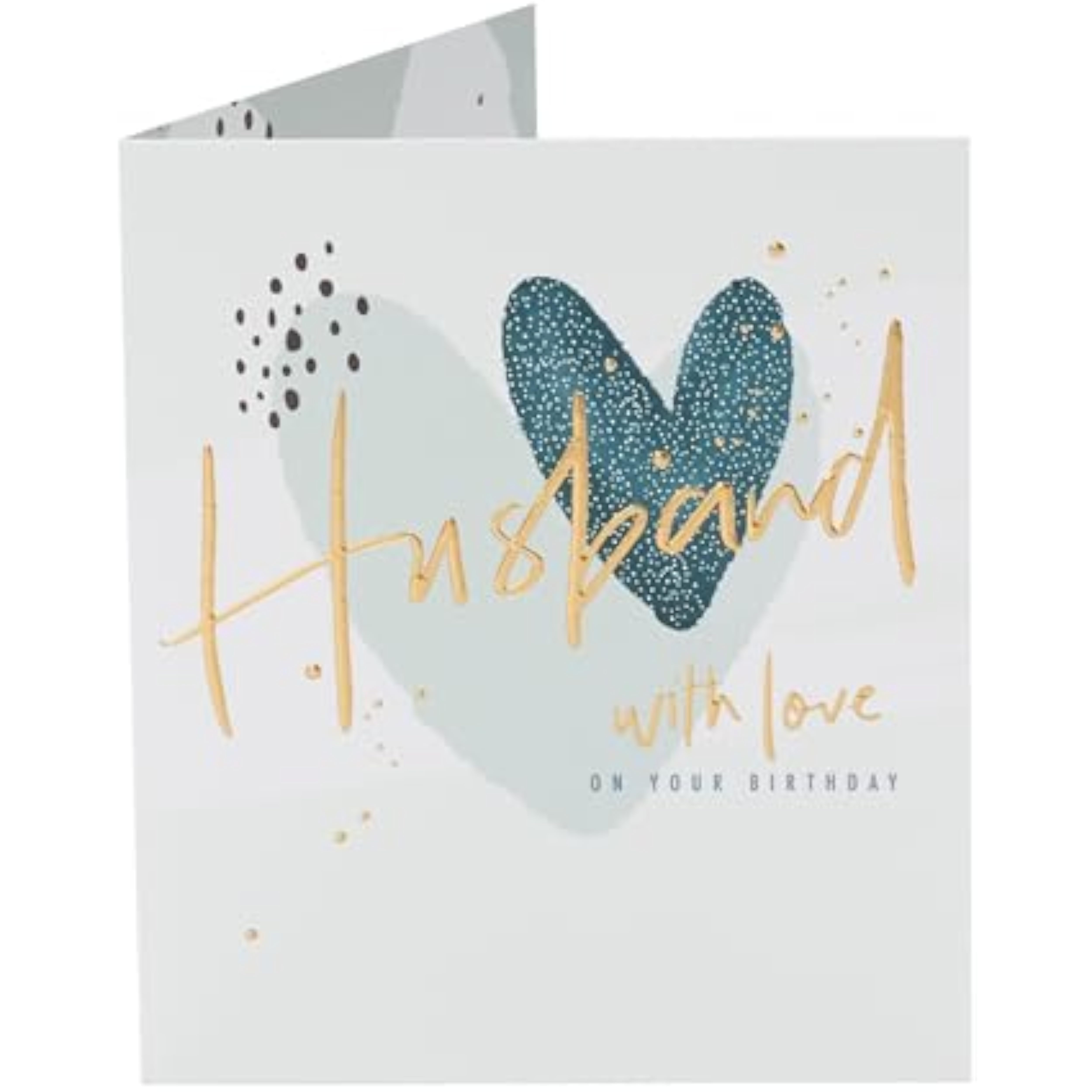Hearts design husband birthday greeting card from UK Greetings with romantic red heart illustrations and heartfelt message inside.