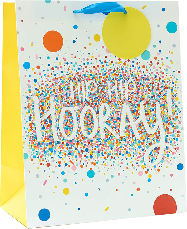 Large celebration gift bag with "Hip Hip Hooray" greeting, featuring colorful designs, from UK Greetings for special occasions.
