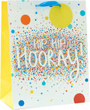 Large celebration gift bag with "Hip Hip Hooray" greeting, featuring colorful designs, from UK Greetings for special occasions.