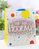 Large celebration gift bag with "Hip Hip Hooray" greeting, featuring colorful party designs, from UK Greetings.
