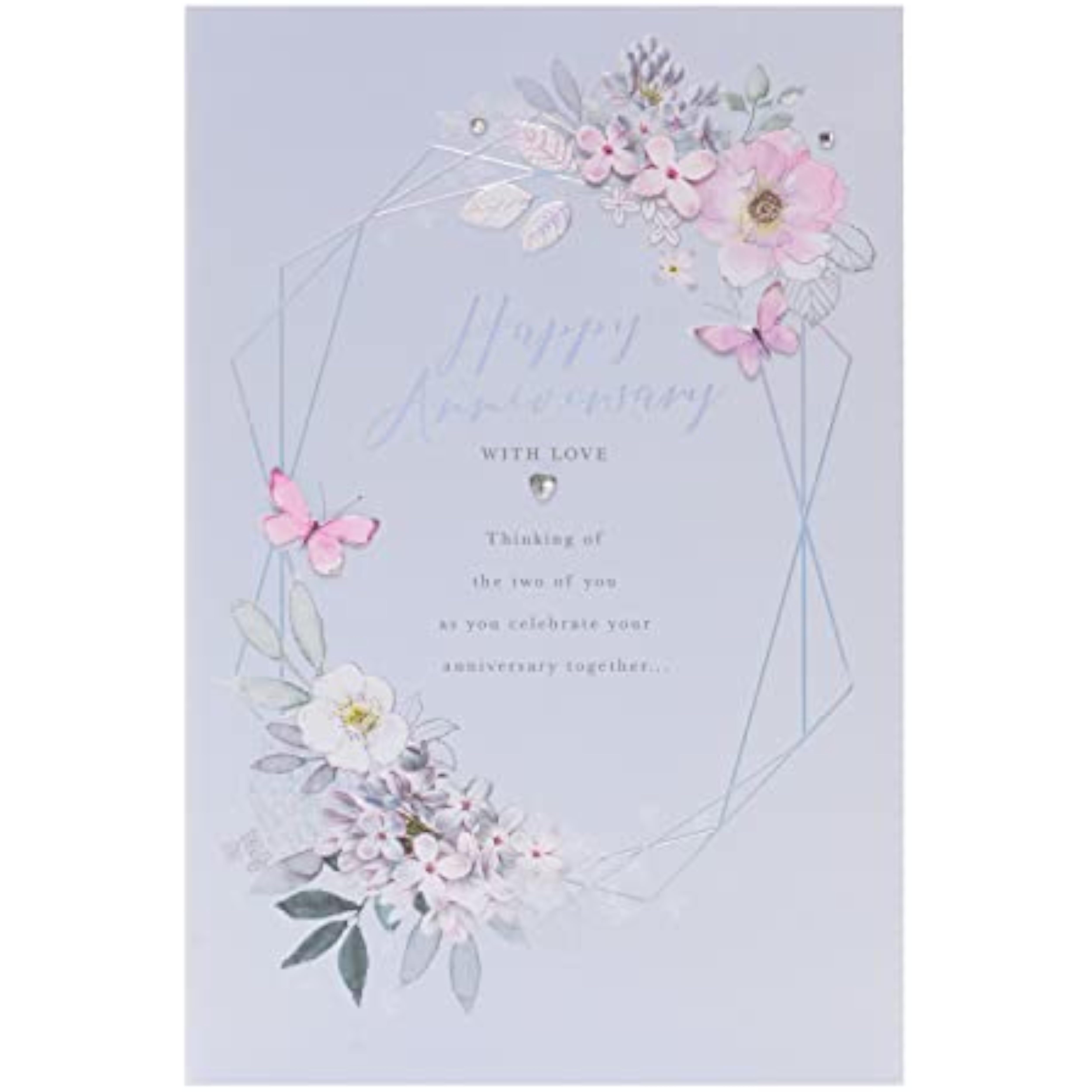 Holographic floral anniversary greeting card from UK Greetings with colorful floral design and shiny holographic accents.