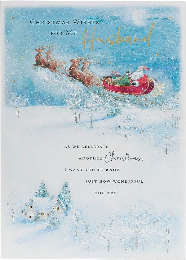 Husband Christmas greeting card featuring Santa in a sleigh with festive holiday design by UK Greetings.