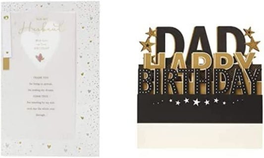 UK Greetings husband and dad birthday greeting card with cheerful design and heartfelt message for special occasions.