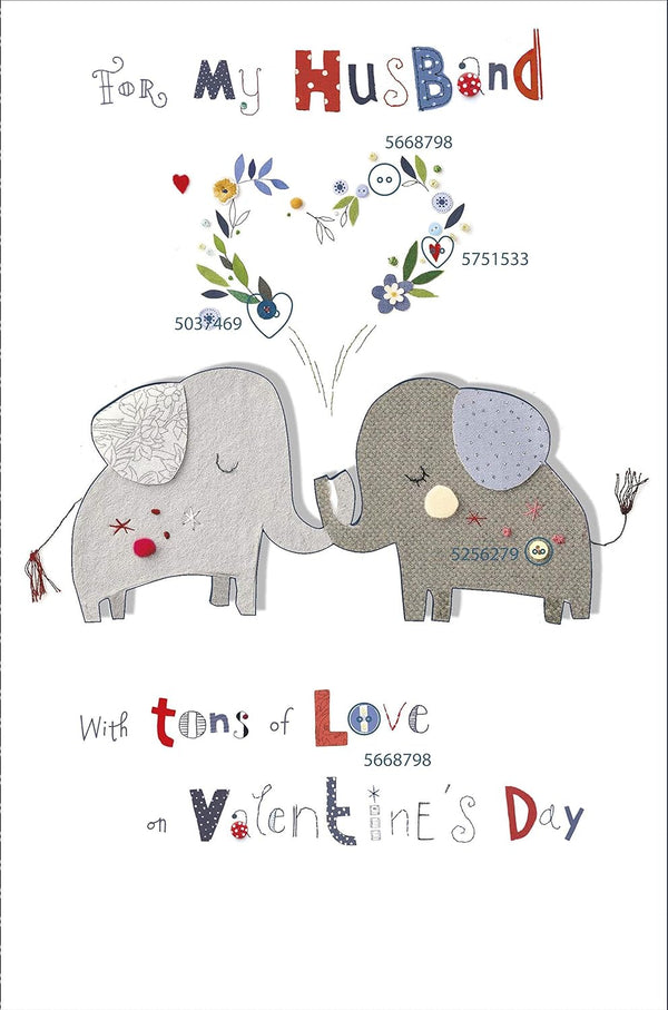 Cute elephant design husband Valentine's Day greeting card with envelope by UK Greetings, featuring adorable artwork.