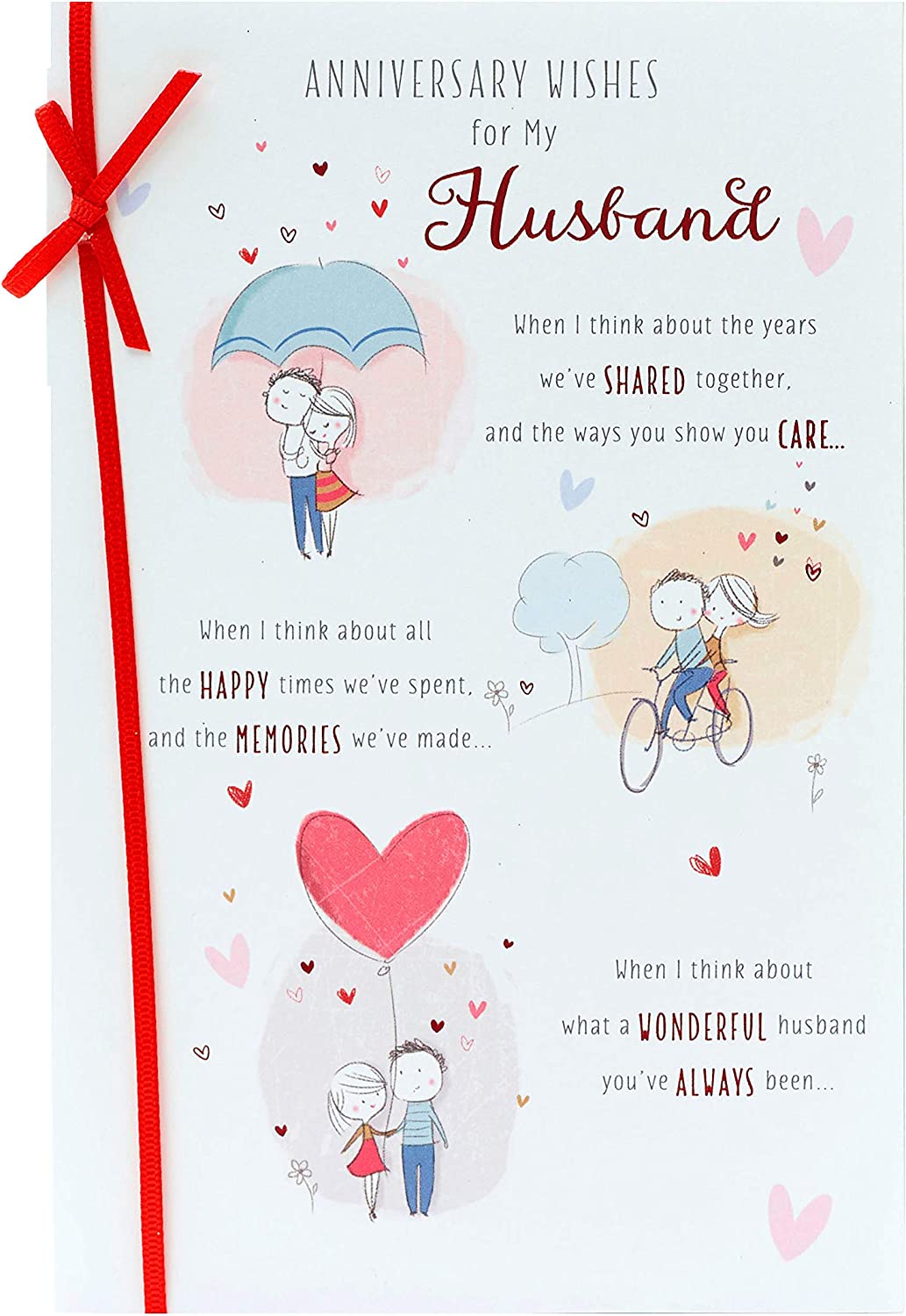 Husband wedding anniversary greeting card with red ribbon and love message, UK Greetings, featuring elegant design and heartfelt sentiment.