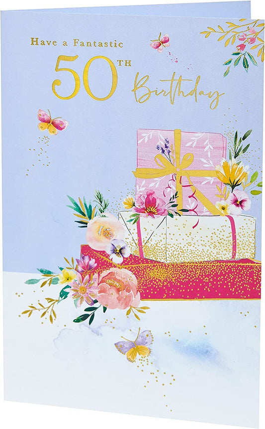 UK Greetings 50th birthday greeting card featuring festive design for celebrating a 50th birthday.