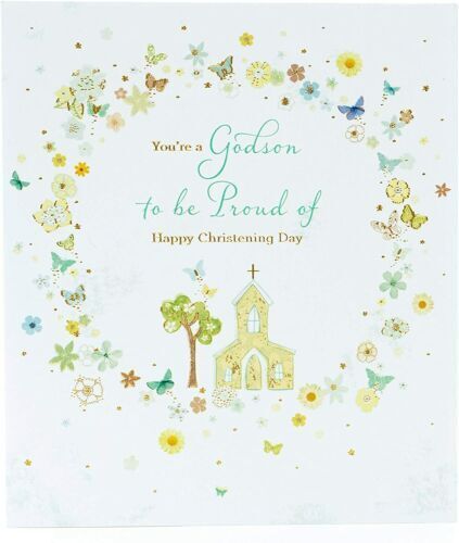 Integrated Blessings Christening Godson greeting card by UK Greetings, featuring religious imagery and heartfelt message for a special occasion.
