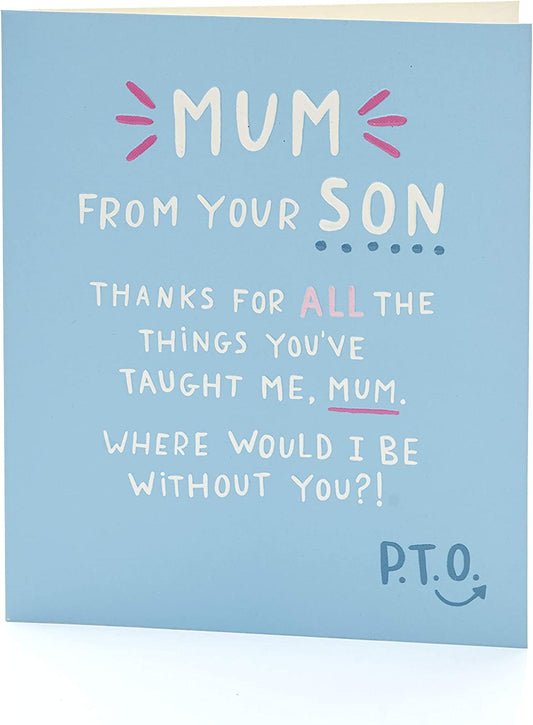 UK Greetings integrated mum from son greeting card featuring heartfelt message and festive design for Mother's Day or special occasion