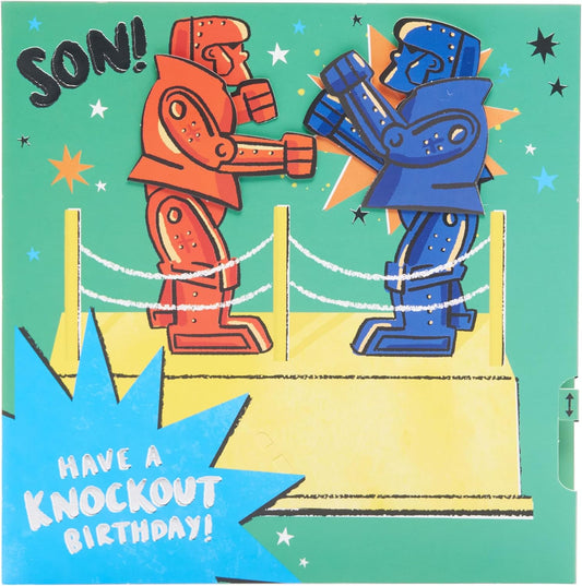 Interactive Rock 'em Sock 'em Design Son birthday greeting card from UK Greetings, featuring colorful robot characters on the front.