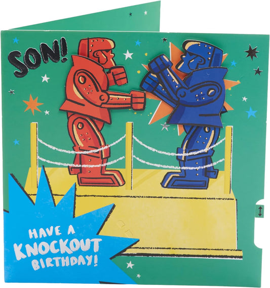 Interactive Rock 'em Sock 'em Design Son birthday greeting card with playful boxing robot illustrations and vibrant colors.