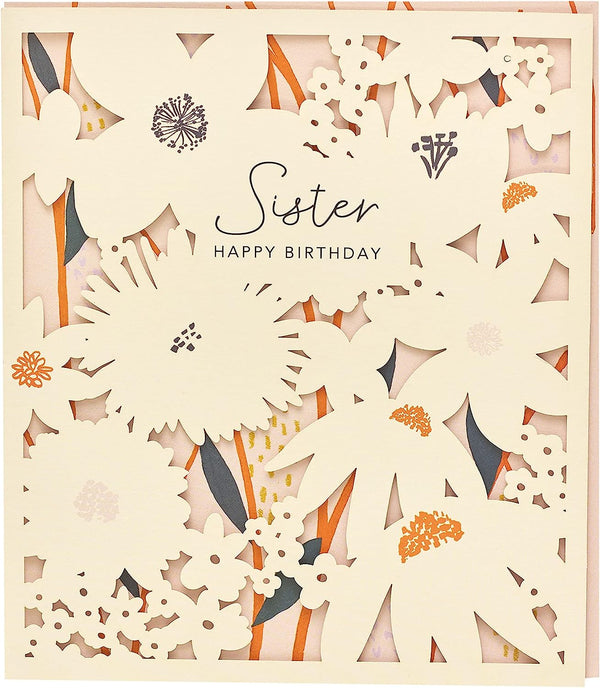 Intricate floral sister birthday greeting card with detailed colorful floral design, ideal for celebrating a special occasion.