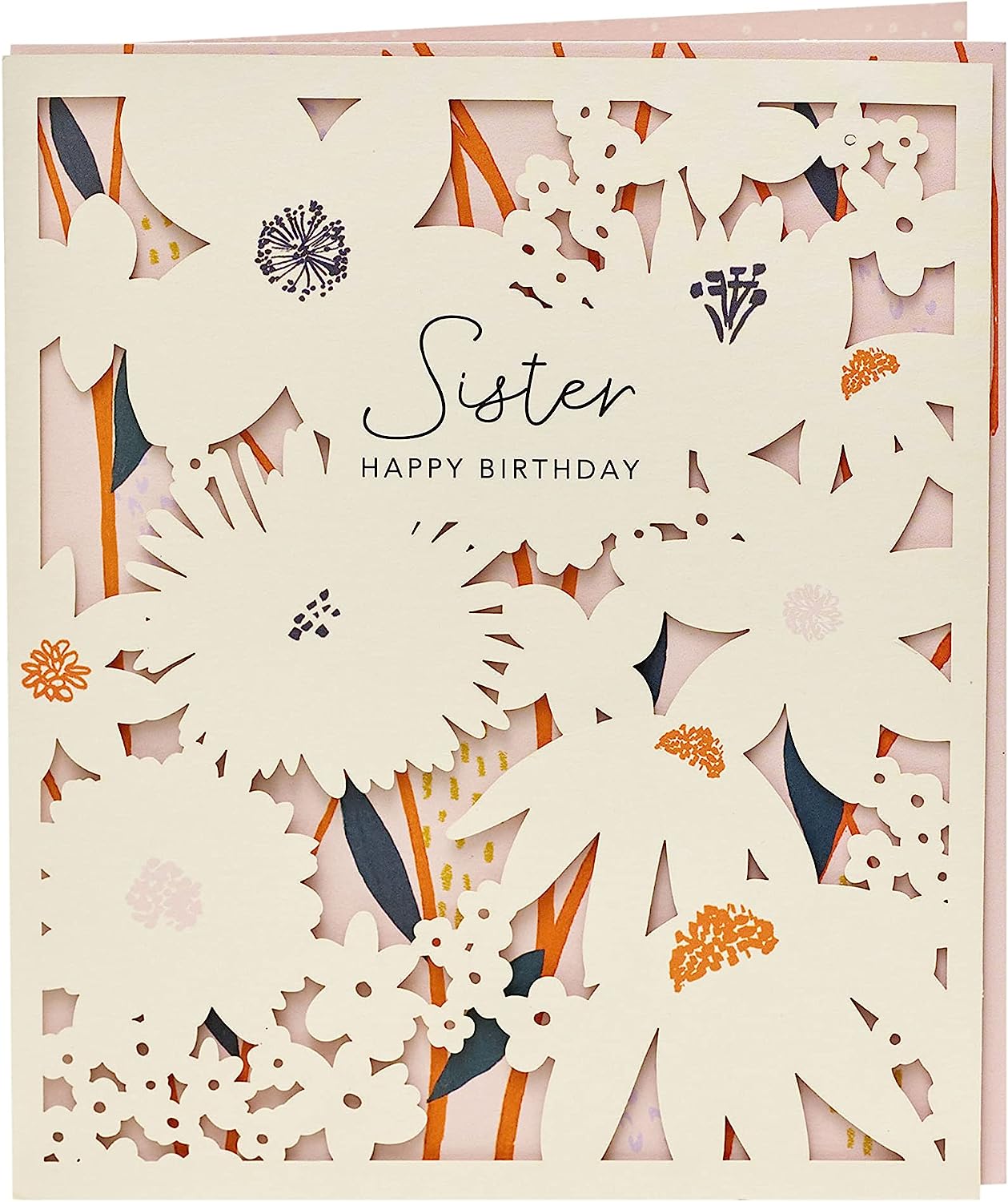 Intricate floral sister birthday card from UK Greetings featuring detailed floral design and elegant message for celebrating sisters.