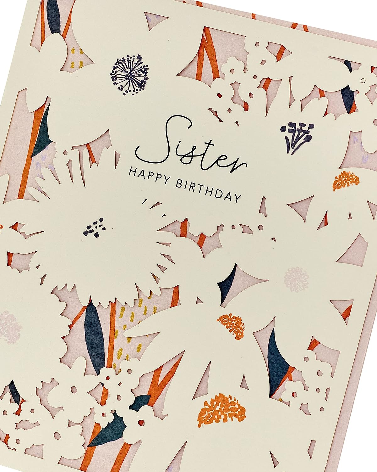 Intricate floral sister birthday greeting card with colorful flower design by UK Greetings, featuring detailed floral artwork.