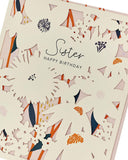Intricate floral sister birthday greeting card with colorful flower design by UK Greetings, featuring detailed floral artwork.
