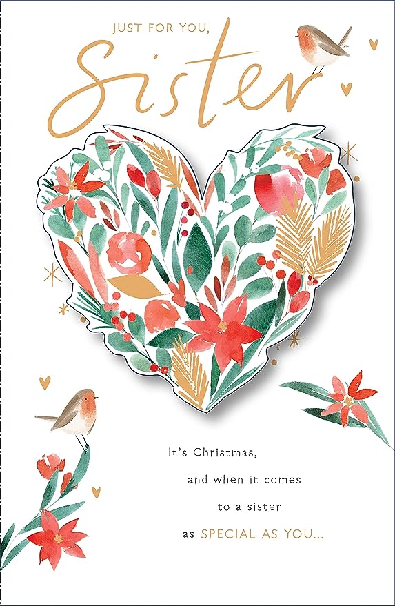 Gold foiled heart Christmas greeting card for sister, featuring festive holiday design by UK Greetings.