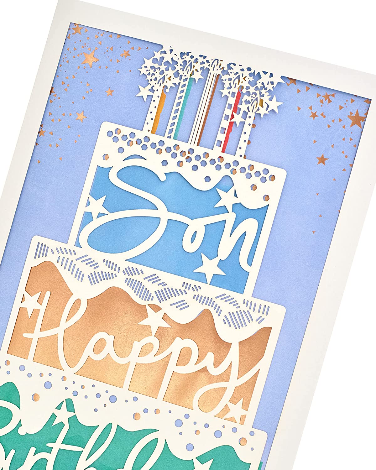 Laser-cut cake and son birthday greeting card from UK Greetings with intricate design and vibrant colors.
