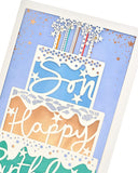 Laser-cut cake and son birthday greeting card from UK Greetings with intricate design and vibrant colors.