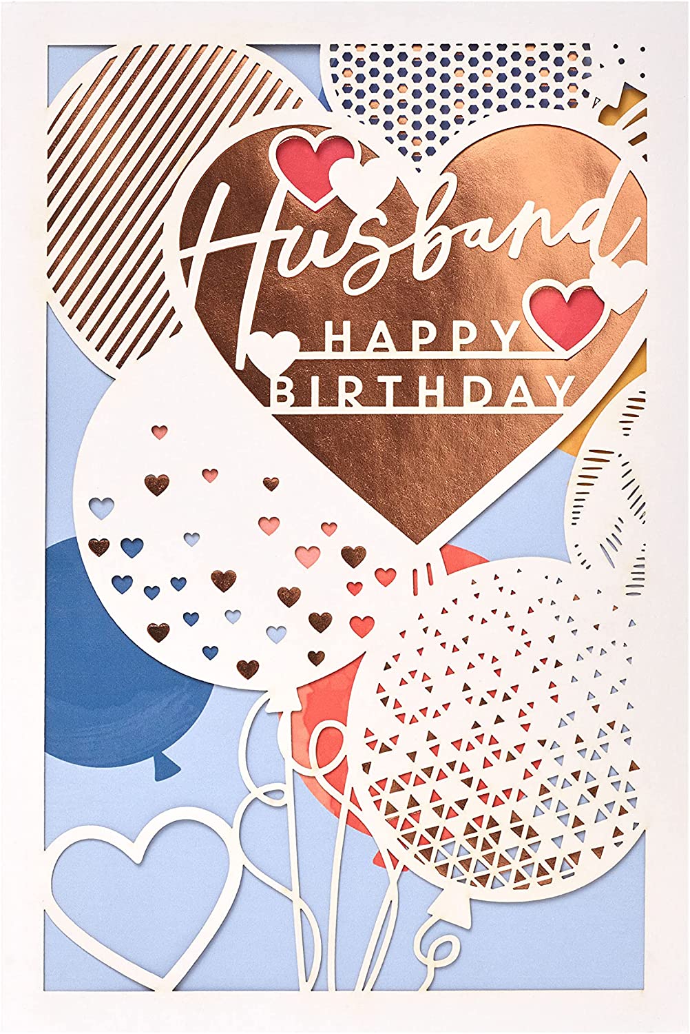 Laser-cut copper husband birthday greeting card with intricate design, perfect for celebrating special occasions.