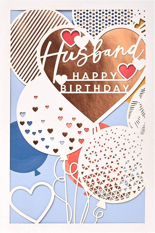 Laser-cut copper husband birthday greeting card with intricate design, perfect for celebrating special occasions.