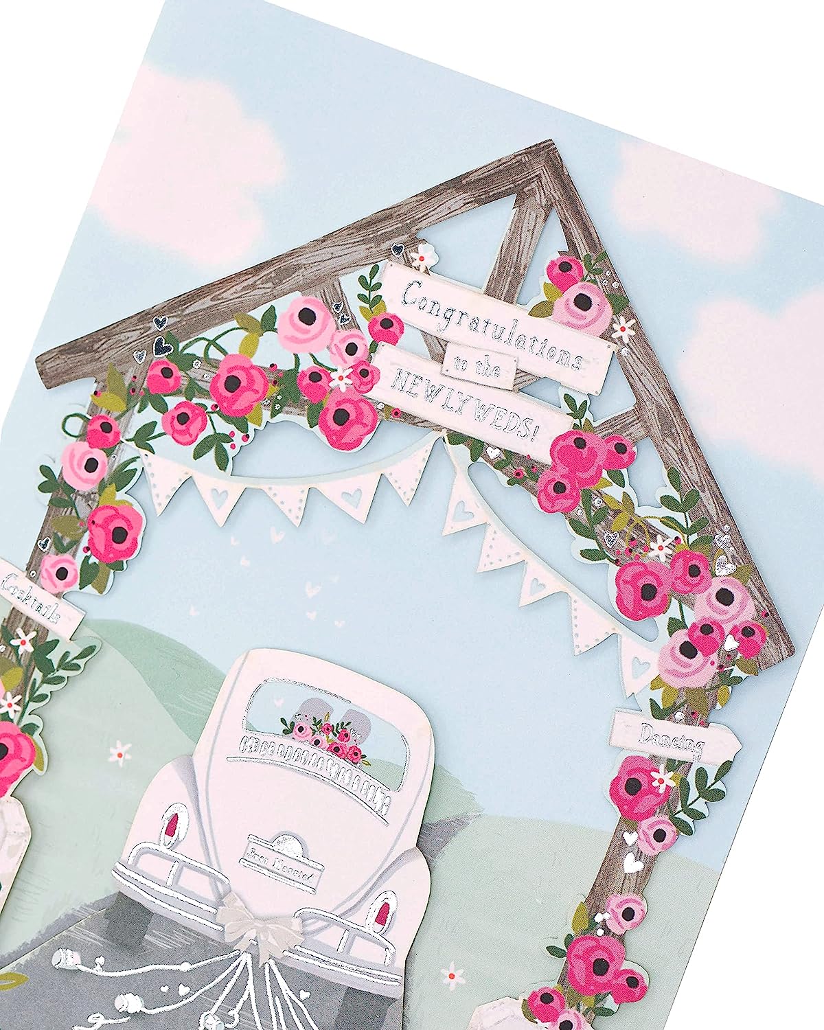 Laser-cut wedding car greeting card from UK Greetings featuring intricate wedding car design and elegant details.