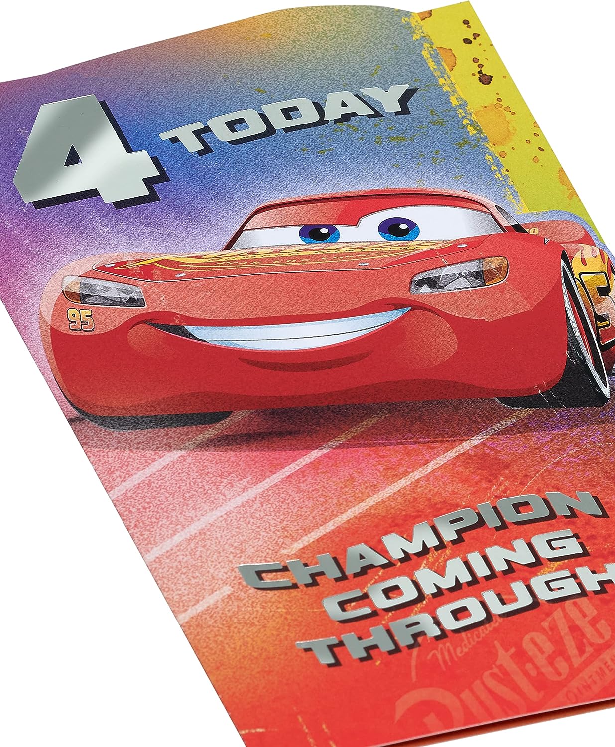 Lightning McQueen 4th birthday greeting card for boys, featuring colorful racing car design from UK Greetings.