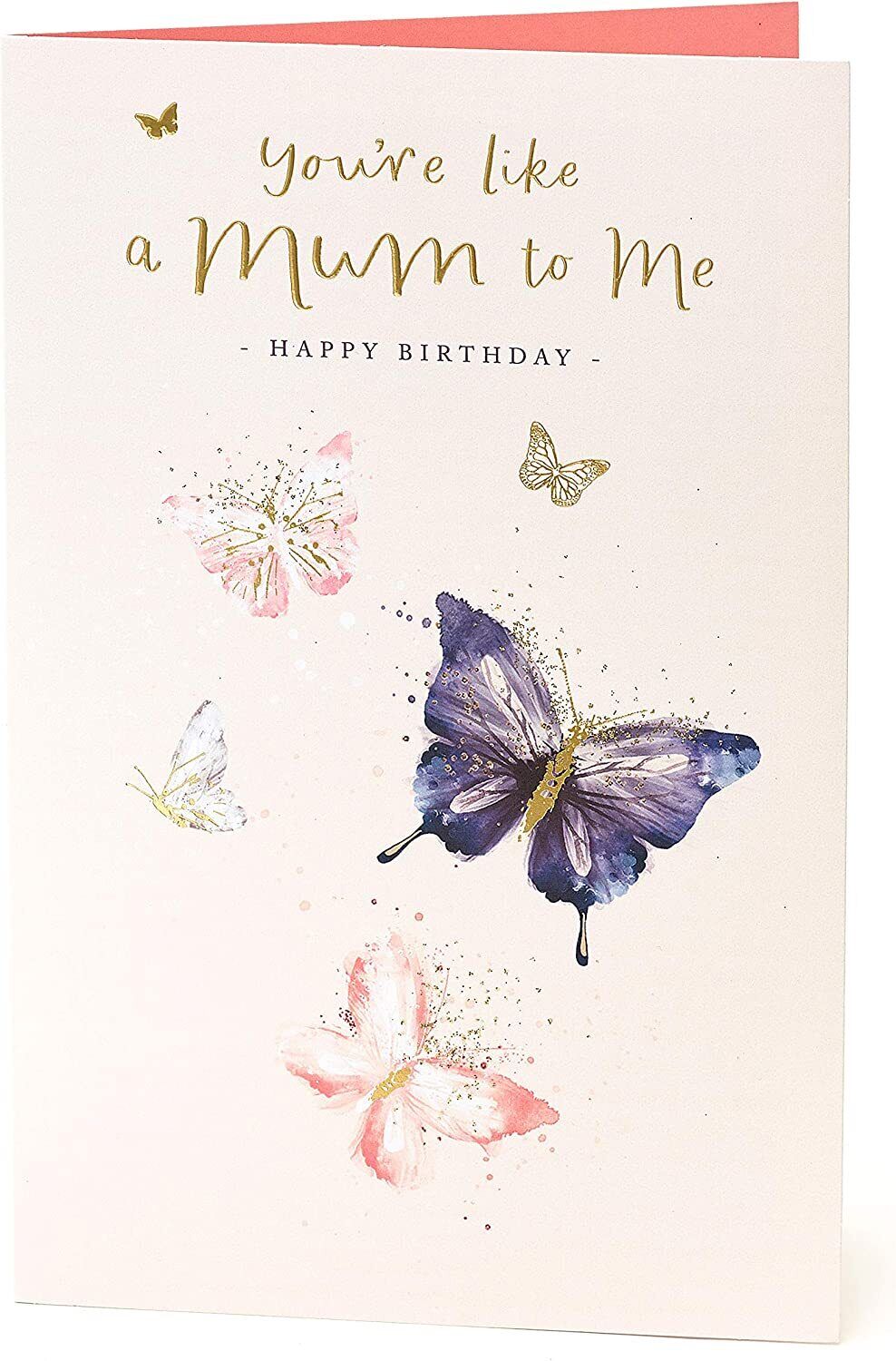 A greeting card titled "Like a Mum to Me" from UK Greetings, featuring floral designs and heartfelt message for a birthday celebration.