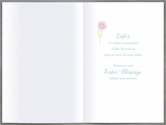 Easter greeting card with a cross and colorful flowers, celebrating the resurrection, from UK Greetings.