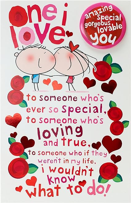 Love Badge Compliments birthday greeting card featuring colorful love badge design from UK Greetings.