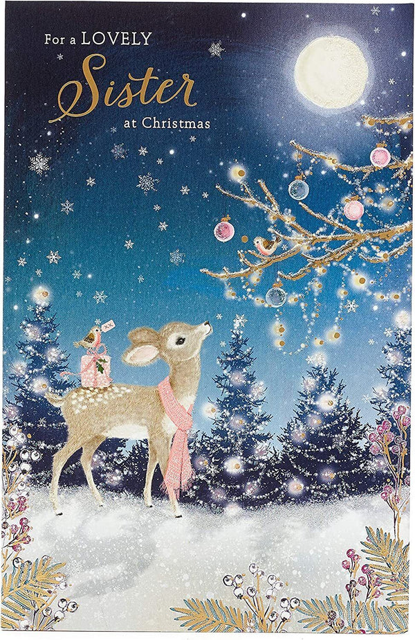 Christmas greeting card featuring a deer and robin design with gold foil accents, designed for sisters by UK Greetings.