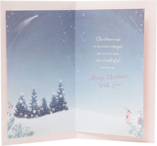 Lovely Christmas greeting card featuring a deer and robin design with gold foil accents, ideal for sending to a sister.
