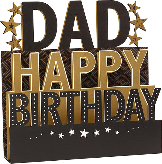 3D pop-up "Dad" birthday greeting card by UK Greetings with colorful design and festive lettering.