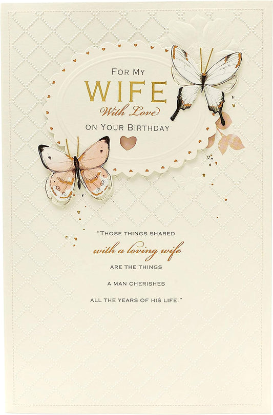 UK Greetings Loving Wife birthday greeting card with heartfelt verse insert, featuring a romantic design and heartfelt message.