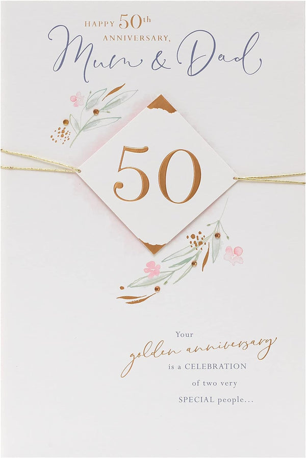 Luxurious 50th Golden Anniversary greeting card for mum and dad, featuring elegant gold accents and heartfelt design.