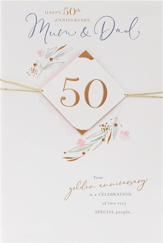 Luxurious 50th Golden Anniversary greeting card for mum and dad, featuring elegant gold accents and heartfelt design.