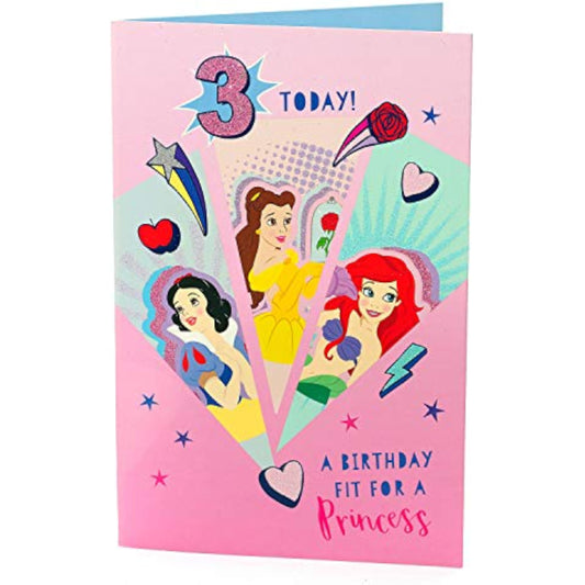 Disney Princess birthday greeting card for age 3 by UK Greetings featuring colorful princess illustrations and magical design elements.