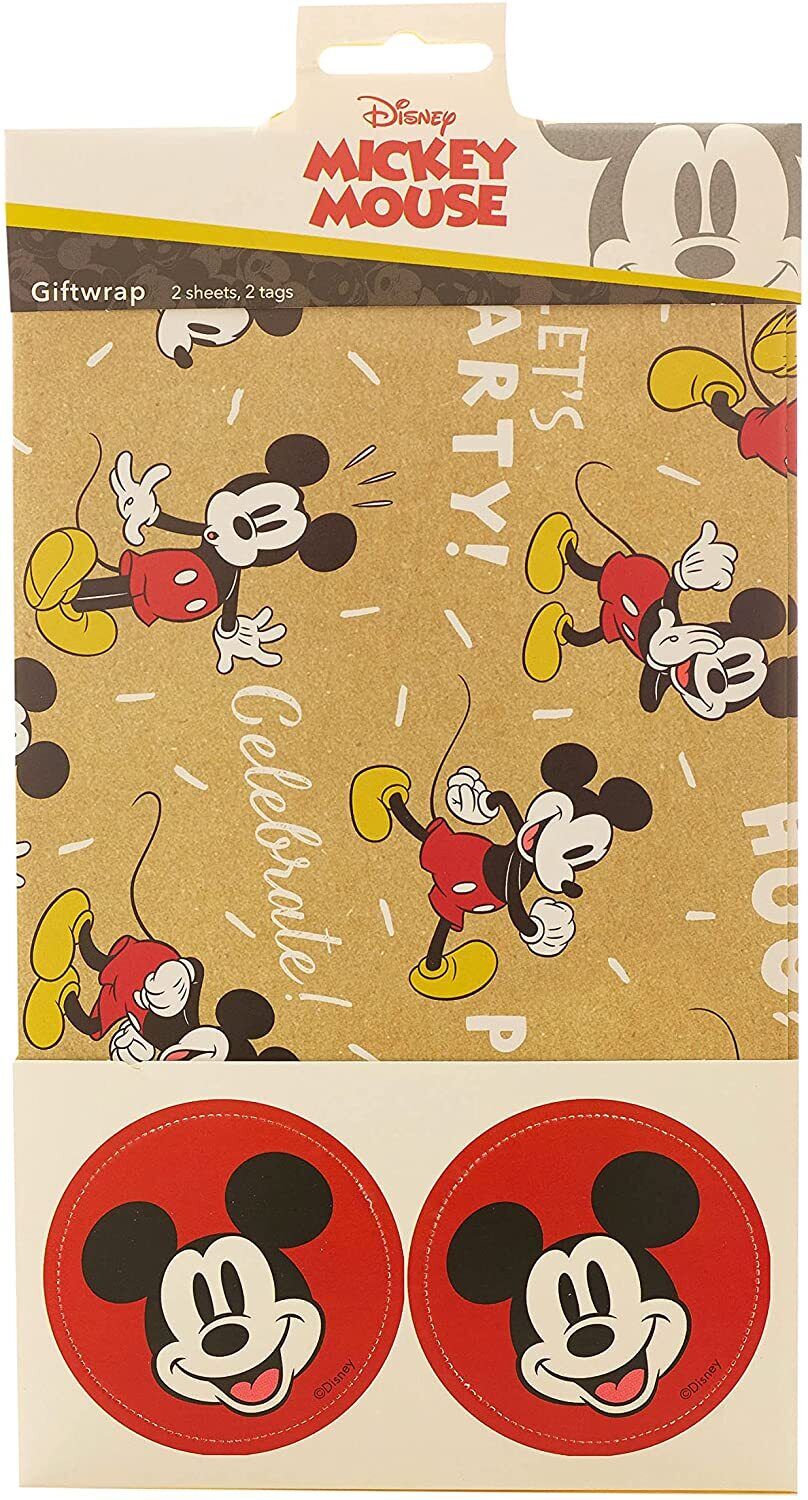 Magical Mickey Mouse birthday greeting card with wrap and tag set, featuring colorful Disney-themed illustrations for kids' celebration.