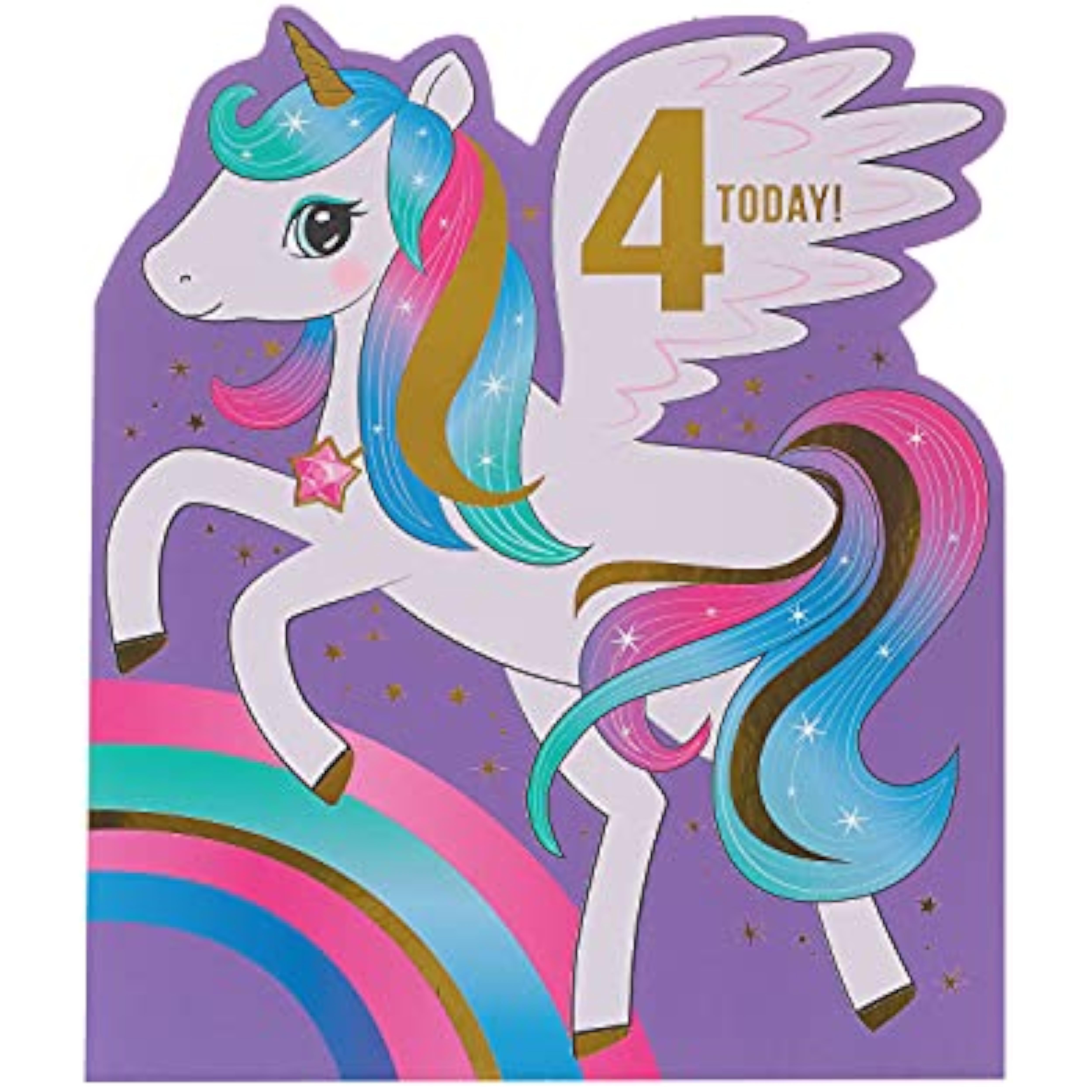 Colorful Magical Unicorn 4th birthday greeting card for girls featuring whimsical unicorn design by UK Greetings.