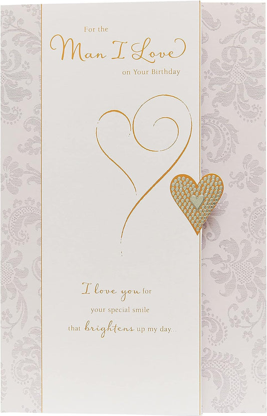 Man I Love Lovely Verse birthday greeting card by UK Greetings showing a heartfelt message with floral accents.