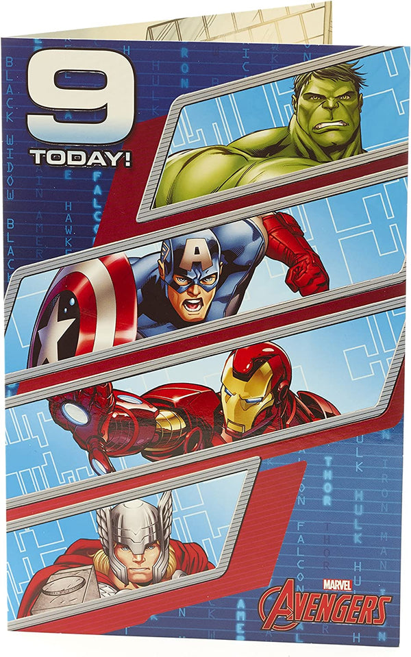 Marvel Avengers Age 9 birthday greeting card featuring heroes from the Avengers team, designed by UK Greetings.