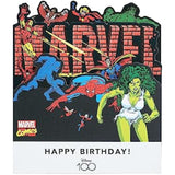 Marvel retro pop-up greeting card featuring Iron Man, She-Hulk, and Spider-Man characters in a colorful birthday design.