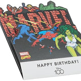Marvel Retro Pop-Up Birthday Card featuring Iron Man, She-Hulk, and Spider-Man with colorful superhero designs.