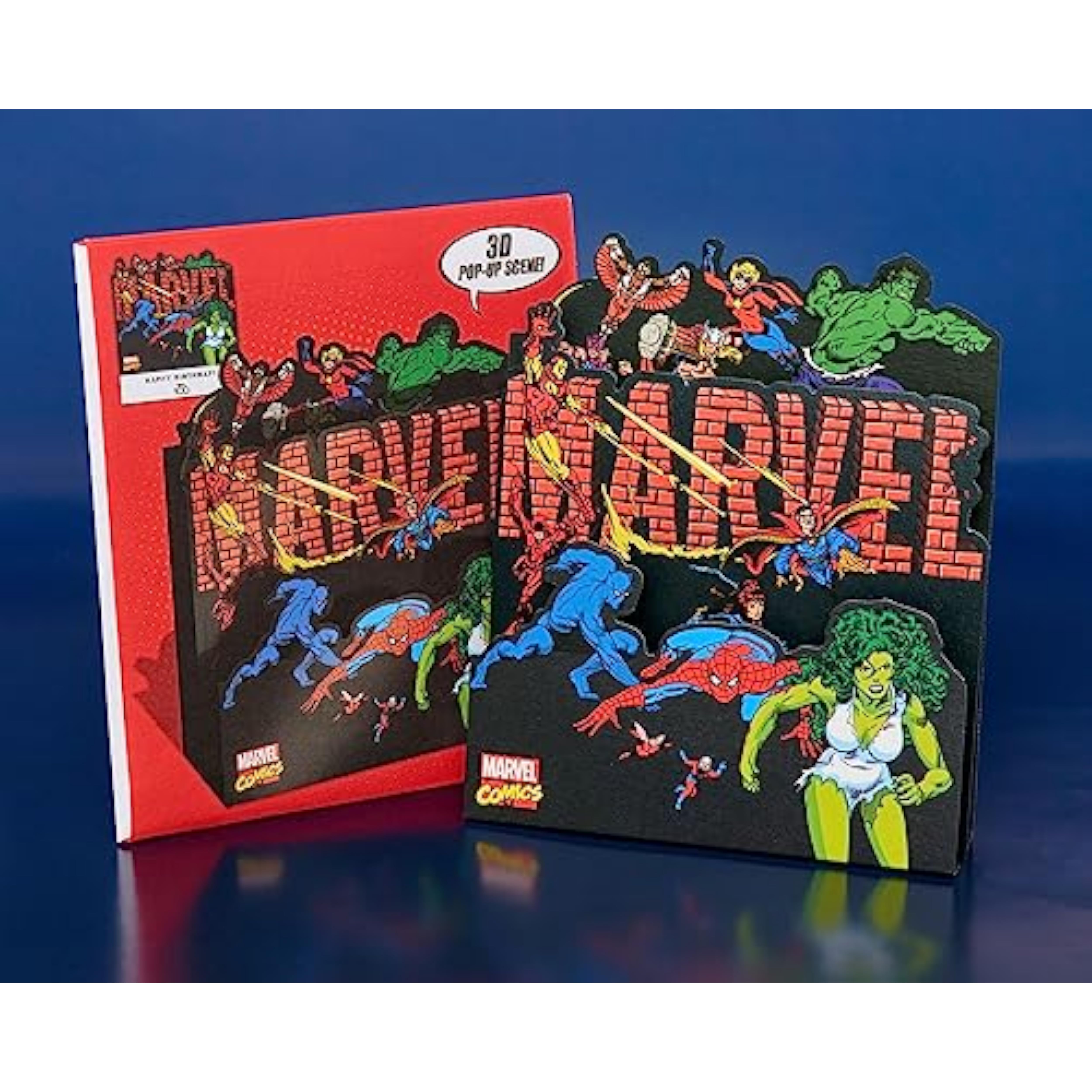 Marvel Retro Pop-Up Birthday Card featuring Iron-Man, She-Hulk, and Spider-Man from UK Greetings with colorful superhero design.