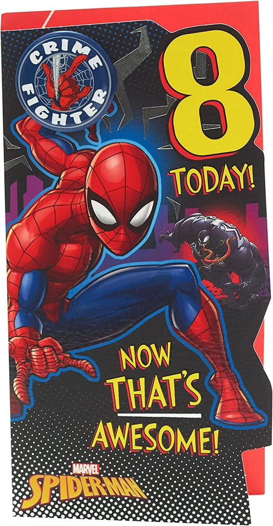 Marvel Spiderman birthday greeting card featuring Spiderman in action for an 8th birthday celebration by UK Greetings.